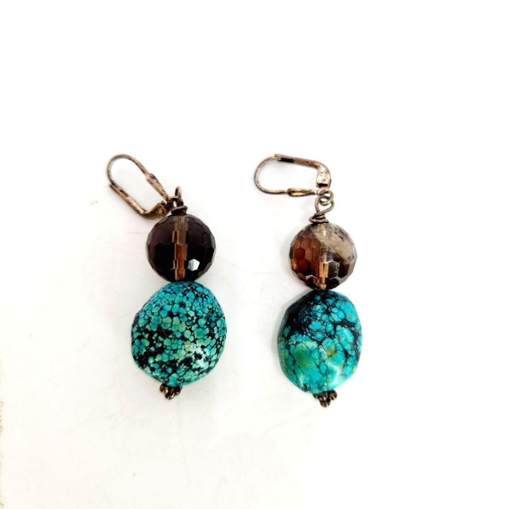 Vintage Sterling Silver 925 Turquoise Smokey Quartz Dangle Earrings Southwest